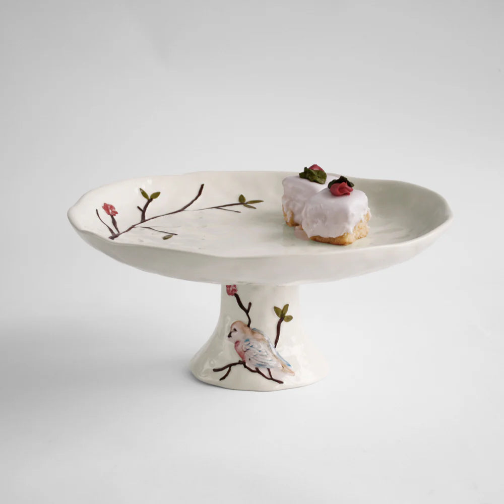 Beatriz Ball Ceramic Bird on Branch Pedestal Cake Stand 