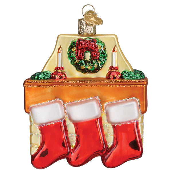 Family of three stockings on fireplace mantel glass ornament Old World Christmas 