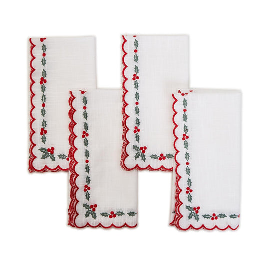 Two's Company Holiday Holly Set of 4 Embroidered Cloth Napkins Christmas 