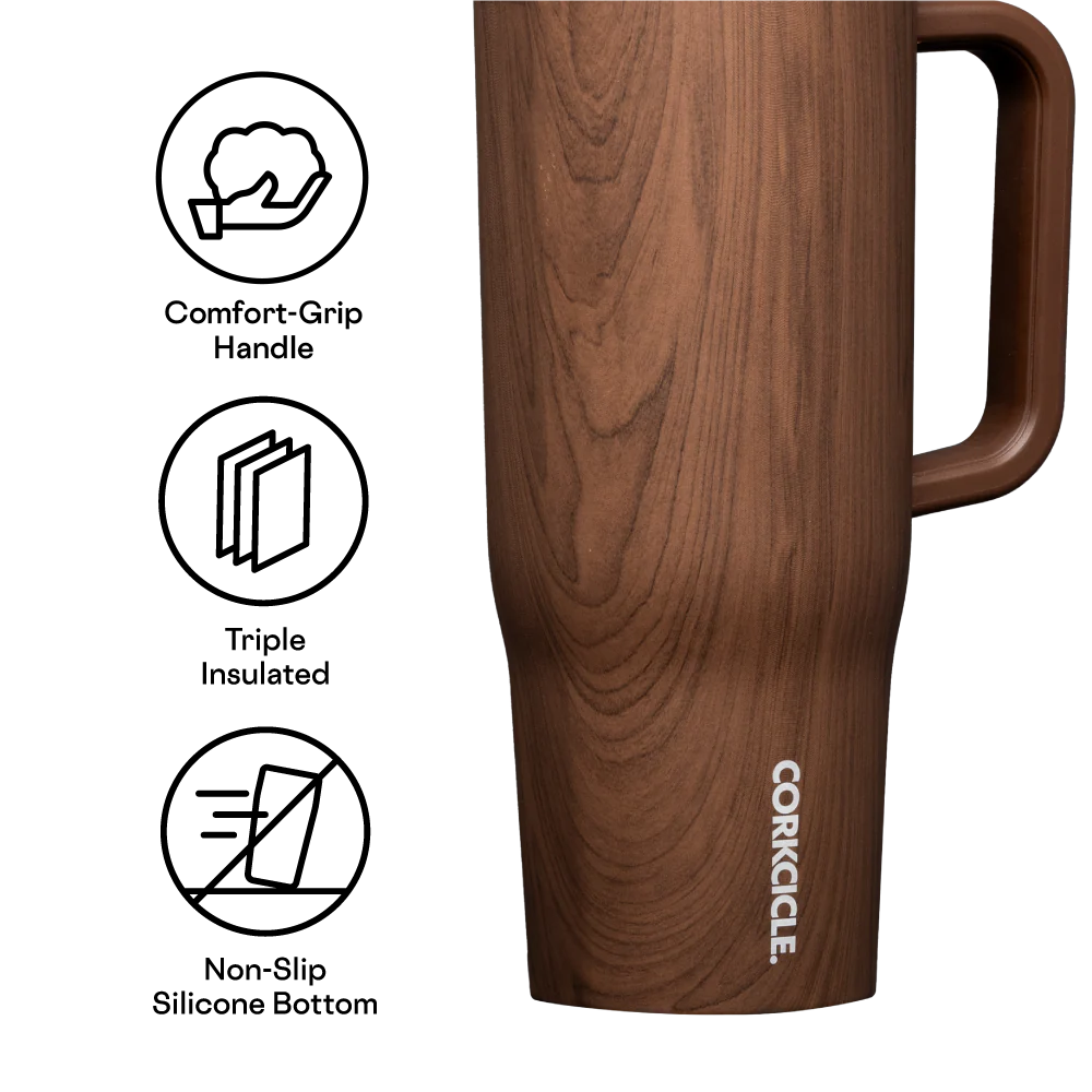 Corkcicle Walnut Wood Cruiser 40oz insulated tumbler with handle 