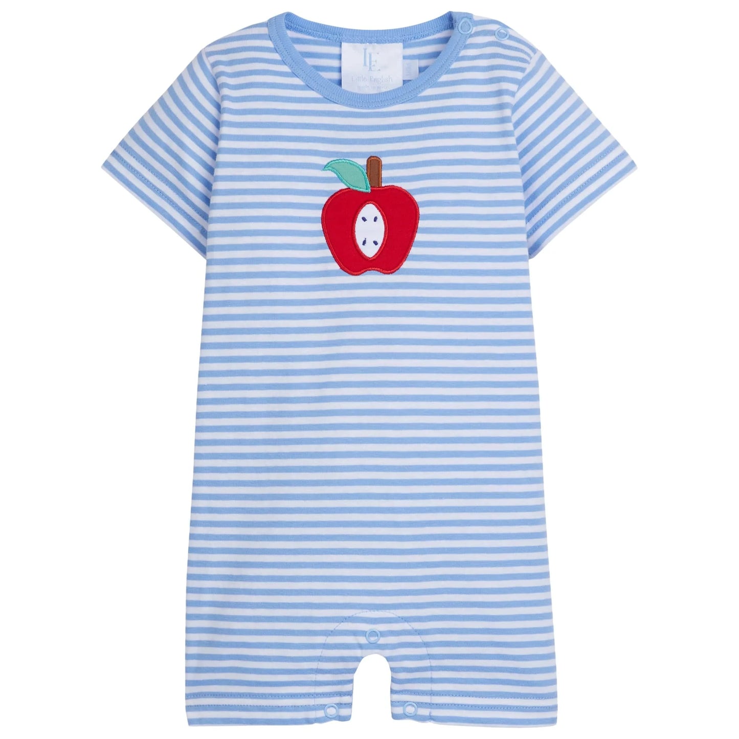 first day of school schoolboy schoolhouse apple teacer preschool baby toddler romper bubble stripes blue stripe striped cute soft cotton embroidered quality little english brand 