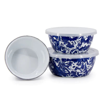 Golden Rabbit Cobalt Blue Swirl Nesting Bowls storage containers with lids enamel 
