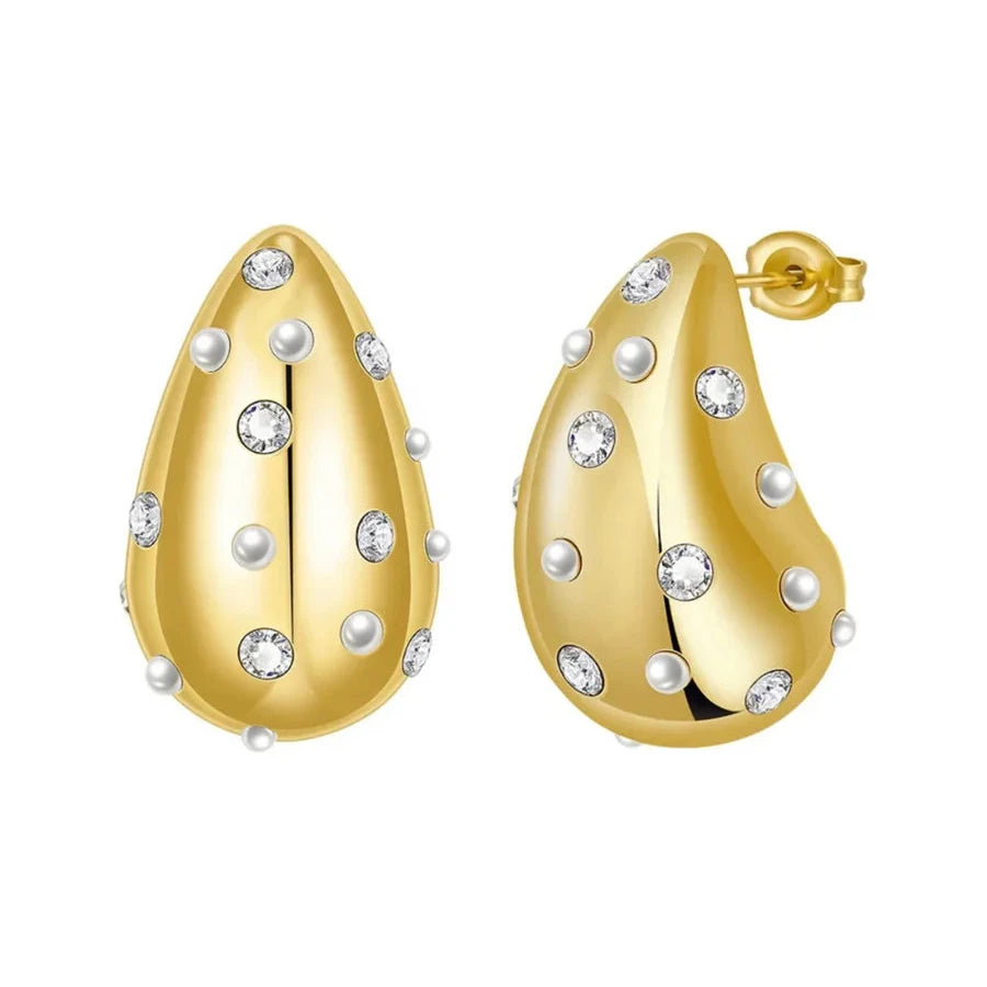 HJane Pearl Pave Drop Gold Stud Earrings 