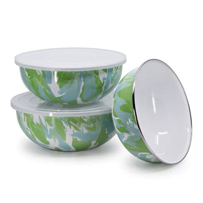 Golden Rabbit Enamelware Modern Monet Mixing bowl set of 3 with lids green and blue marble
