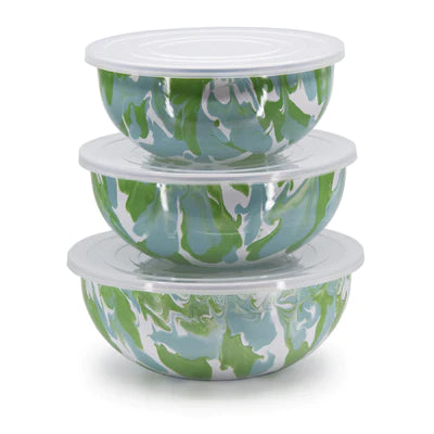 Golden Rabbit Enamelware Modern Monet Mixing bowl set of 3 with lids green and blue marble