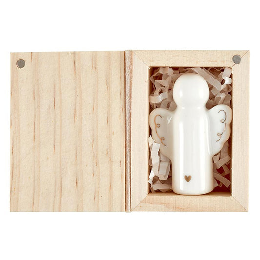 Ceramic Figurine Pine Wood Box - Angel