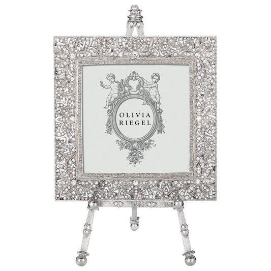 Olivia Riegel Silver Windsor Frame on Easel 4" x 4" Beautiful Crystals and Faux Pearls 