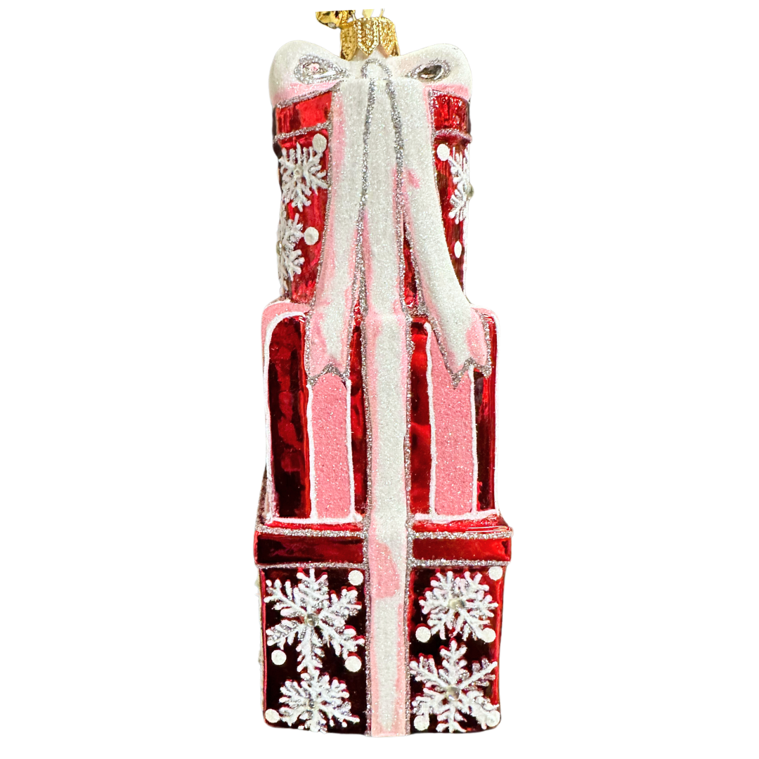 JingleNog Snow Wrap Present Stack Glass Christmas Ornament 