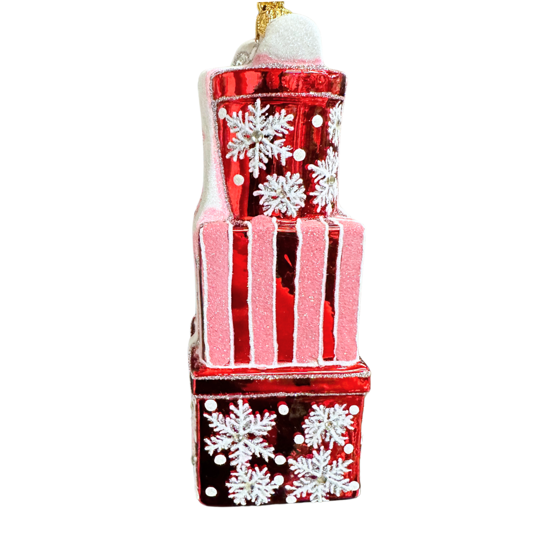 JingleNog Snow Wrap Present Stack Glass Christmas Ornament 