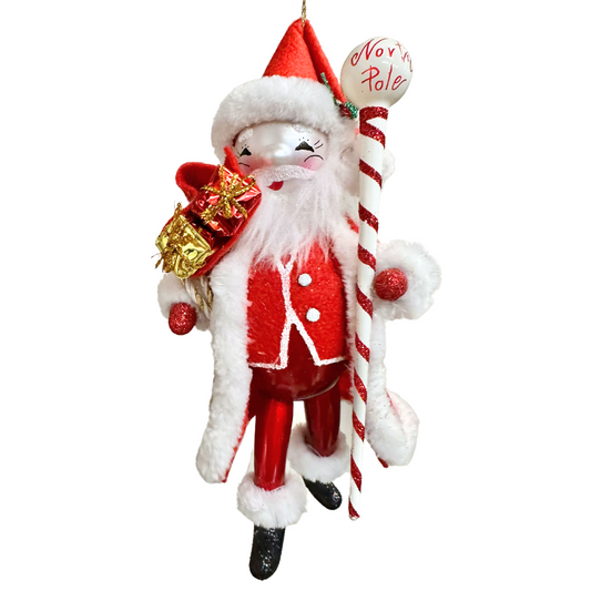 Soffieria De Carlini Italian glass Christmas ornament Santa with Felt Coat North Pole Stick 