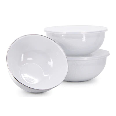 Golden Rabbit White Enamel Mixing bowl set of 3 with lids