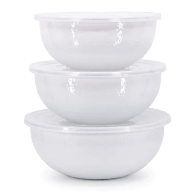 Golden Rabbit White Enamel Mixing bowl set of 3 with lids