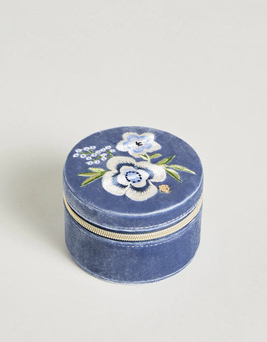 Spartina 449 Embroidered round jewelry travel case blue velvet 