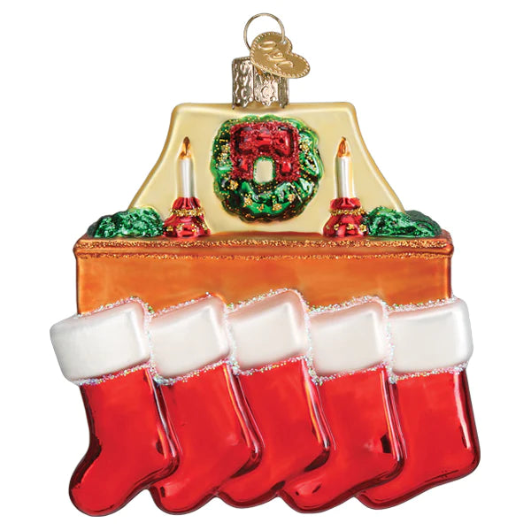 Old World Christmas Family of Five Stockings glass Christmas ornament 
