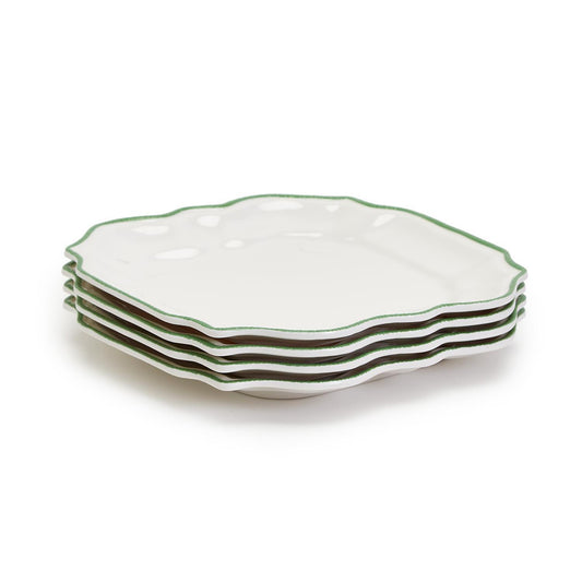 Two's Company Garden Soirée Dinner Plate white with green scalloped edges 11 inches
