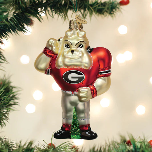 Old World Christmas UGA Georgia Hairy Dog glass ornament University of Georgia Bulldog in jersey 