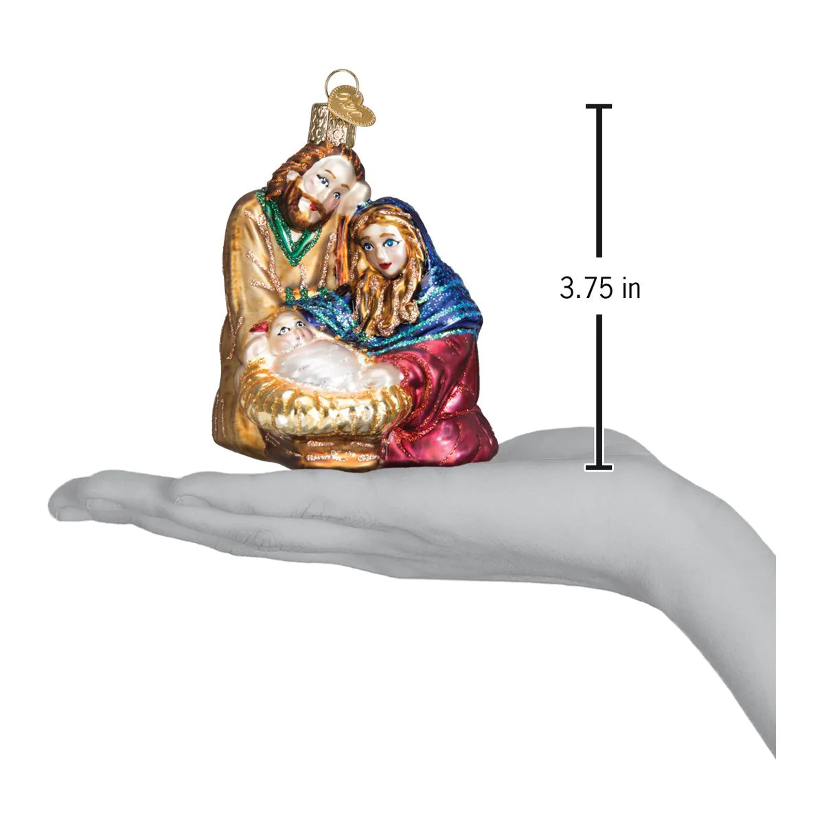 Old World Christmas Holy Family glass ornament Mary, Joseph and Baby Jesus in a manger dimensions 