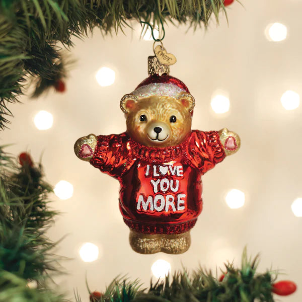 Old World Christmas I Love You More Bear red sweater glass ornament 