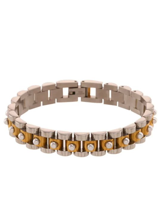 H Jane Jewels Two Toned Pearl Wrist Watch Bracelet 