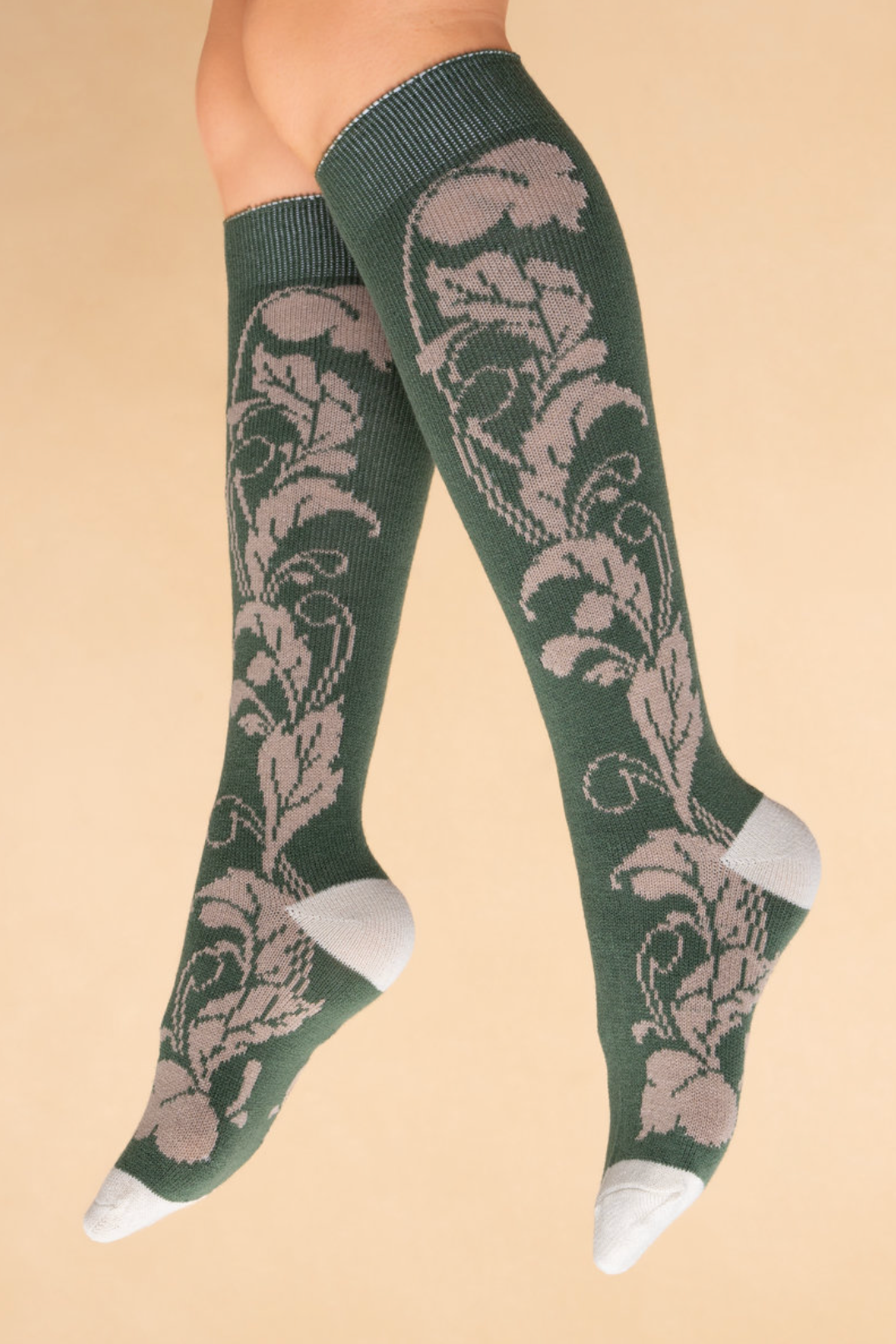 Powder UK ladies boot socks opulent floral knee high socks sage green 