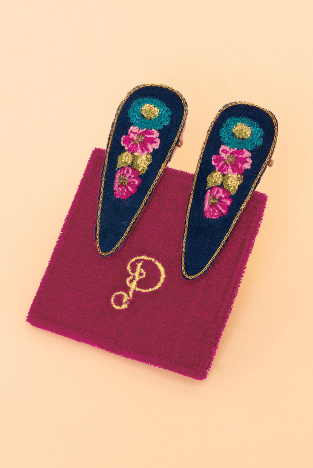Powder UK embroidered hair clips set of 2 vintage floral navy 