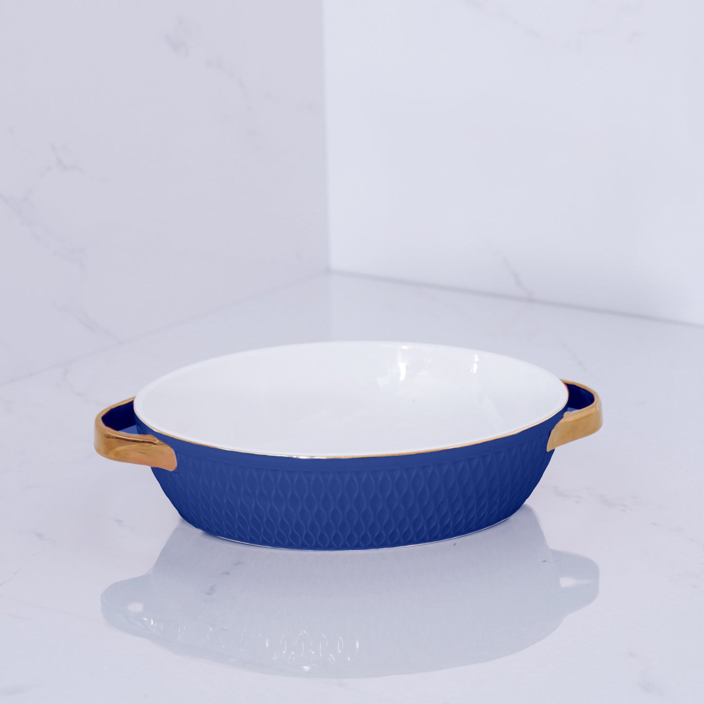 Small Blue Oval Baker with Gold Handles