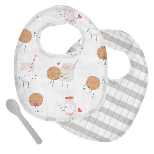 stephen joseph muslin bib set with silicon spoon for baby