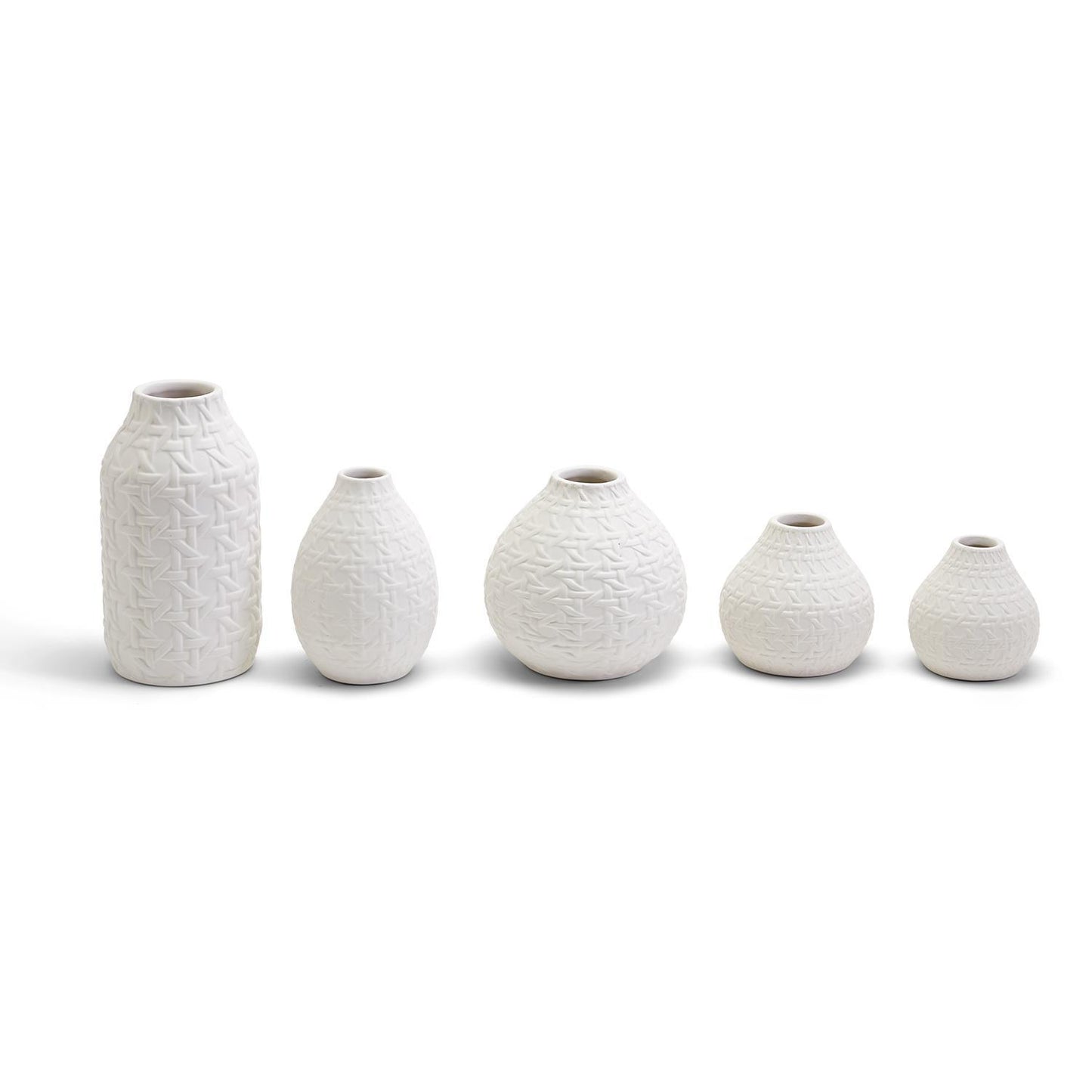 Two's Company set of 5 embossed cane webbing pattern white ceramic vases 