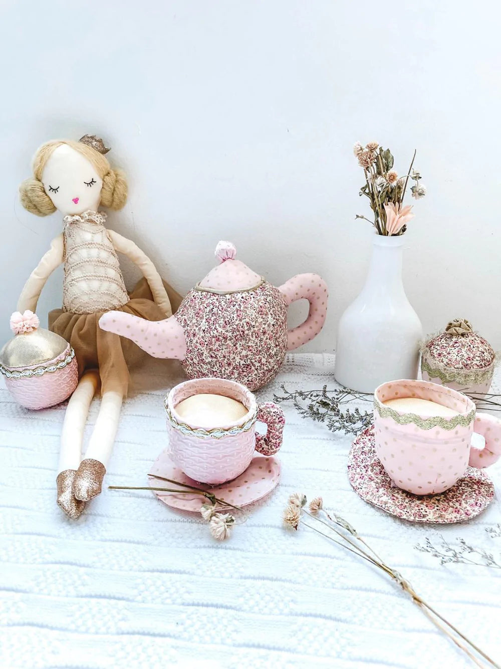 Pink Floral Plush Tea Set